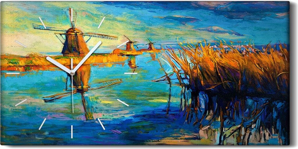 Leinwand Wanduhr Wandkunst Uhr Quarz 60x30 Bild Malerei Windmühlen Wasser Gras - weiße Hände