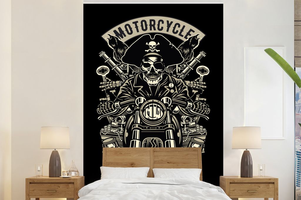 MuchoWow Fototapete für Wohnzimmer oder Schlafzimmer Wandtapete Vinyl Motivtapete Piraten - Motor - Retro - Zeichnung - 200x300 cm - Wanddekorat...
