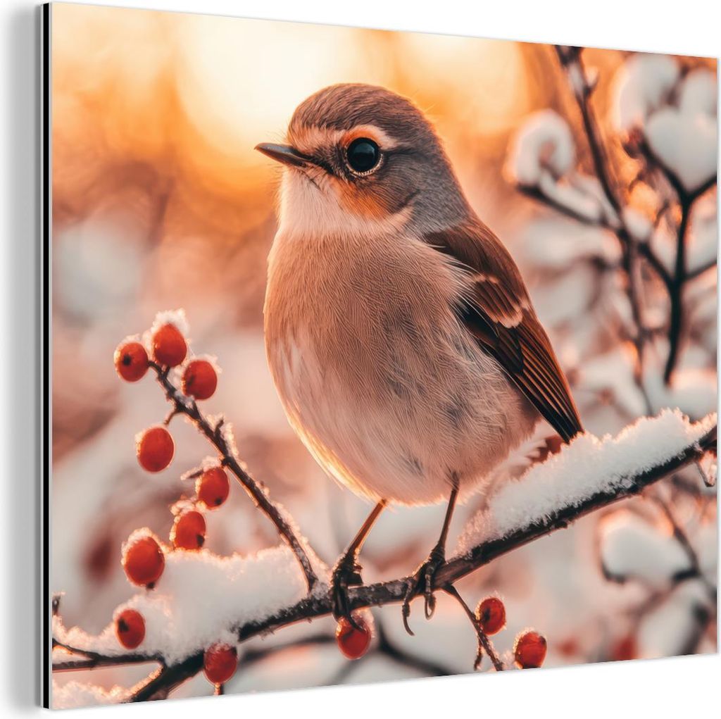 MuchoWow Wanddekoration Metall Metallbild Wandkunst 80x60 cm Vogel - Zweig - Winter - Tiere - Schnee MuchoWow Aluminium Gemälde - Alubild