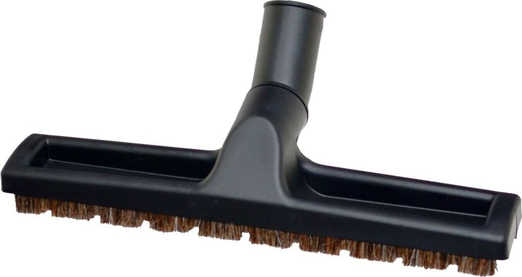 A black vacuum cleaner attachment with bristles.