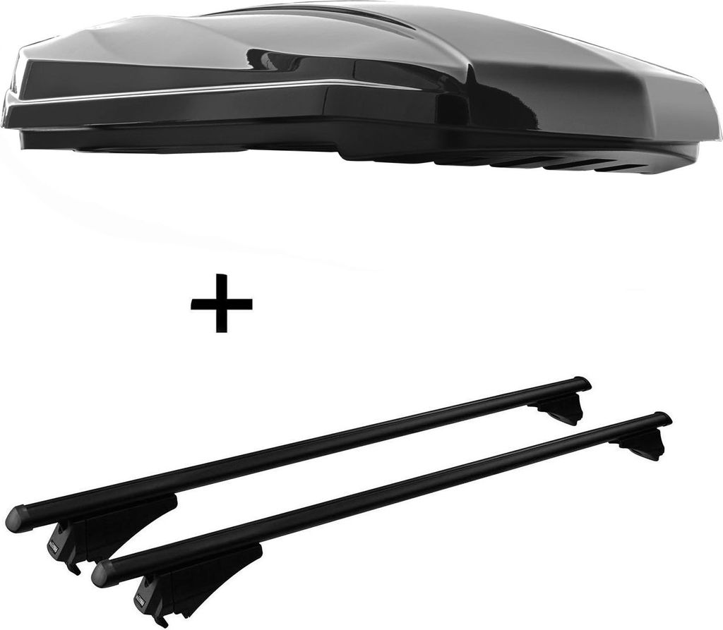 DACHBOX STRIKE 440 Liter schwarz hochglanz + Relingträger Tiger Alu XL kompatibel mit für BMW 2er F46 GranTourer ab 15