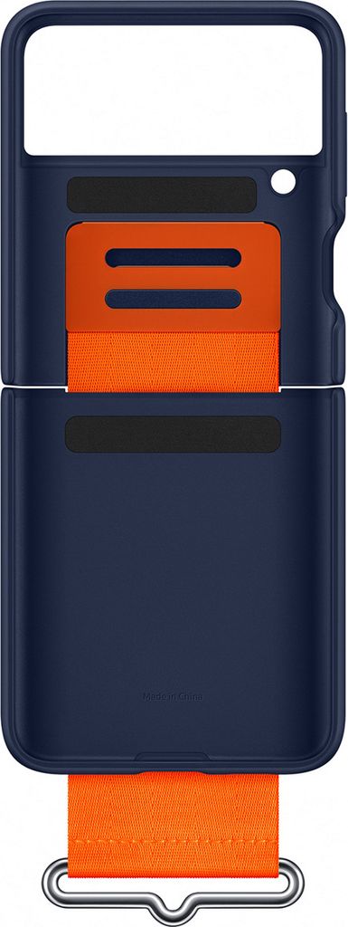 A dark blue phone case with an orange strap is shown against a white background.