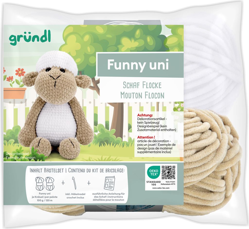 Gründl Funny uni Häkelset,Häkeltier,2 x100g Funny uni Chenillegarn, 1 Häkelnadel +Anleitung Deutsch Schaf Flocke