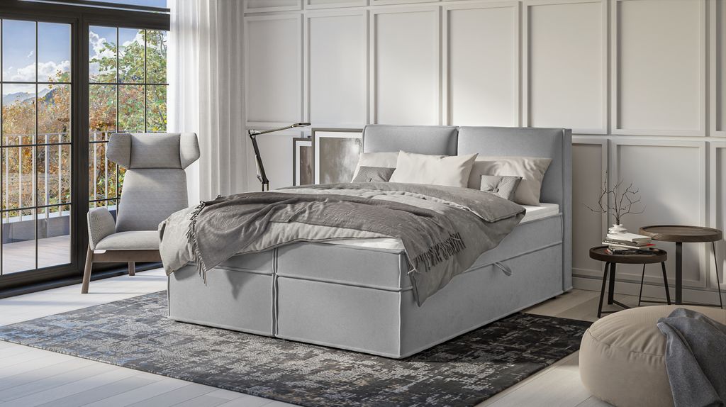 S-STYLE MÖBEL - Vortex - Modernes Boxspringbett 160x200 mit Topper und Bettkästen aus Grau Luxusmicrofaser, B/T/H: 160 cm / 218 cm / 103 cm