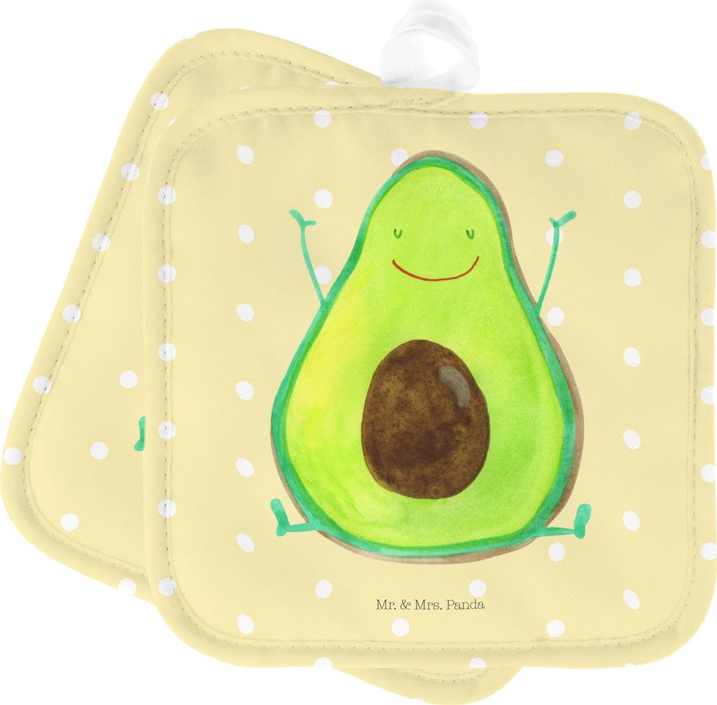 Mr. & Mrs. Panda Topflappen Avocado Glücklich - Gelb Pastell - Geschenk, Set, Freude, Chaos, Ofenlappen, Frucht, Topfuntersetzer, Topflappenset, t...
