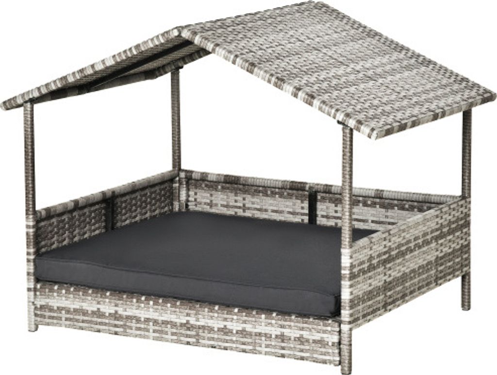 Hundehaus Grau 69x98x70cm Rattan Hundehuette Mit Kissen Hausfoermig Outdoor Kunststoff Stahl Hundebett Haustierbett