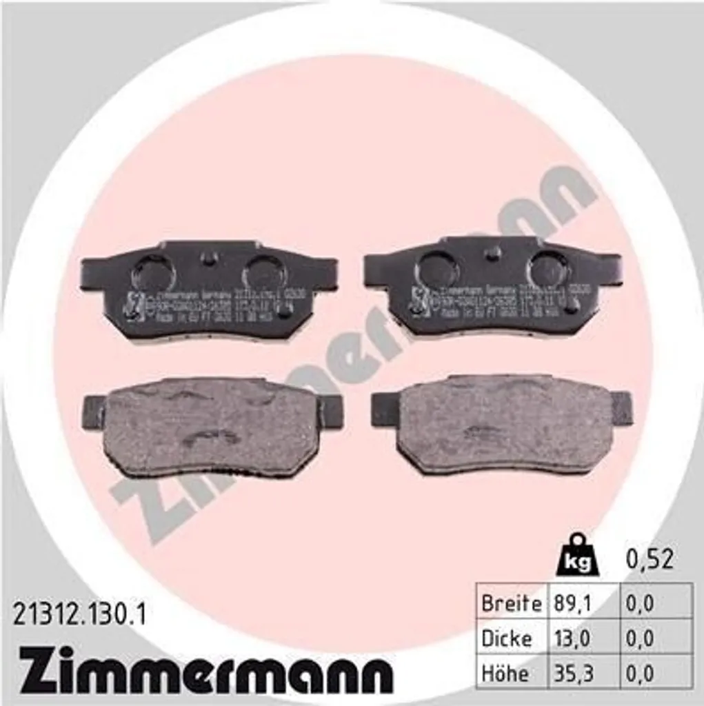 Plaquettes de frein Civic VI Zimmermann 21312.130.1 haute qualité