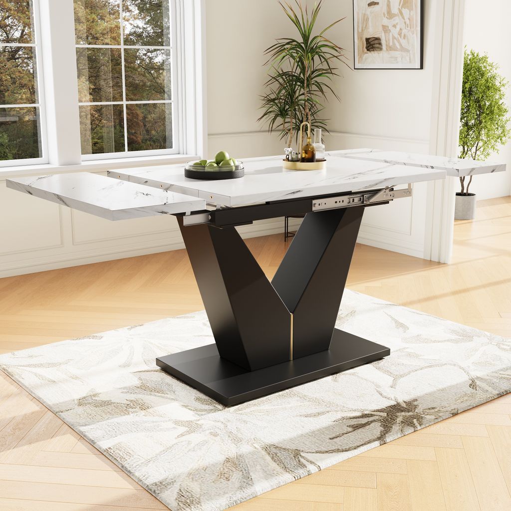 Flieks ausziehbarer Esstisch, Ausziehtisch mit V-förmigen Beinen, Esstisch mit weißem Marmormuster, Tisch für Esszimmer Wohnzimmer, weiß+schwarz