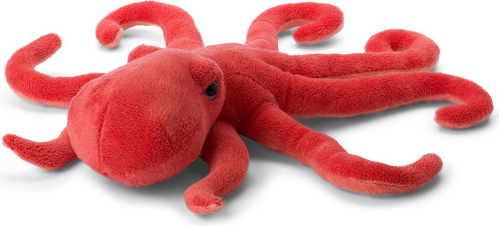 A red plush octopus toy is shown from a slightly elevated side angle on a white background.