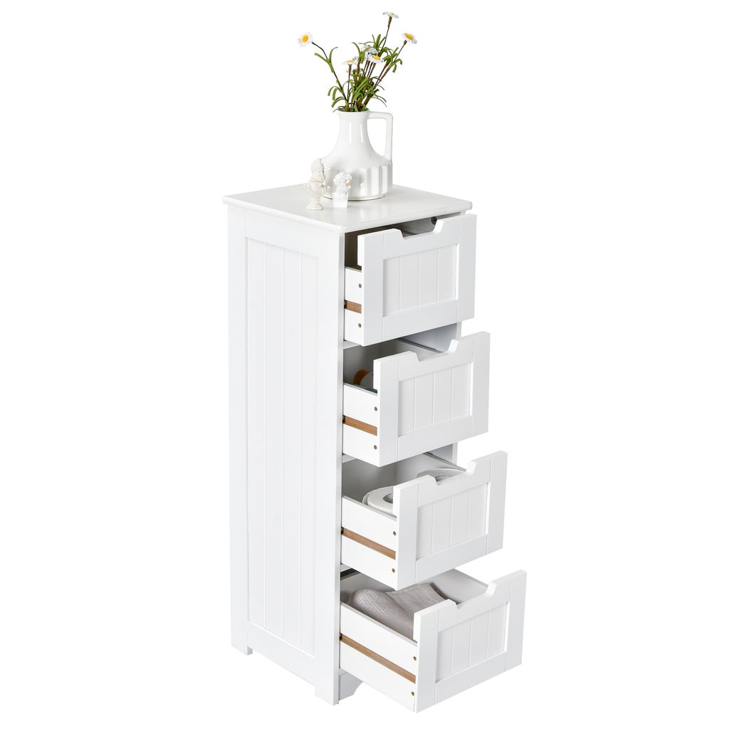 A white bathroom cabinet with four open drawers, displaying some items inside. A vase with flowers and two small decorative figures are on top of the cabinet.