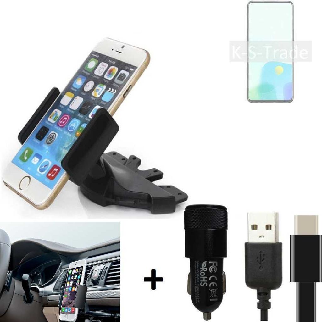 K-S-Trade CD Schlitz Handy-Halterung kompatibel mit ZTE Axon 30S Autohalterung KFZ-Halter Radio Handy Halterung 360° drehbar CD-Schacht inkl. USB-C