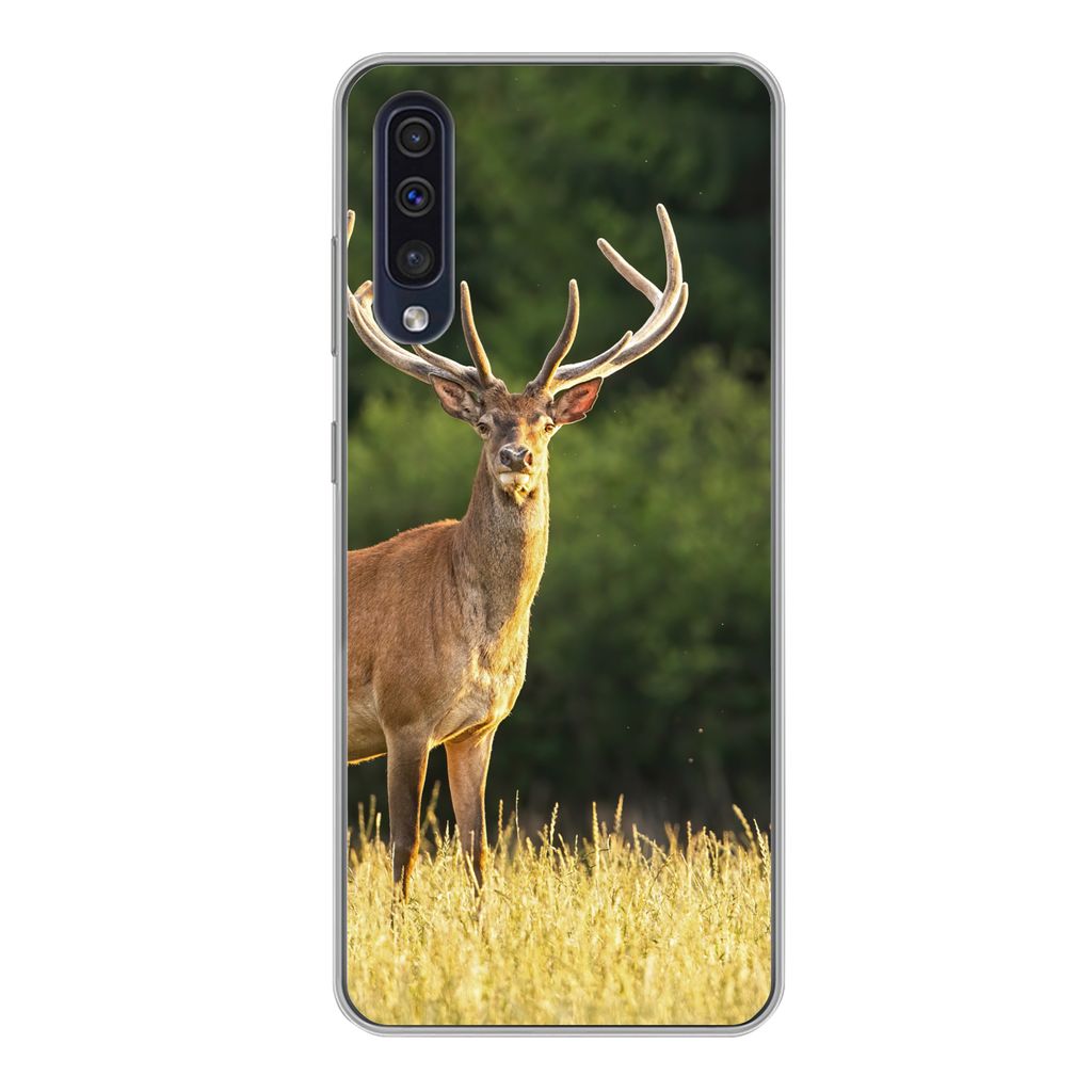 MuchoWow Handyhülle Schutzhülle Hülle für Samsung Galaxy A50 Hirsch - Geweih - Gras - Natur - Tiere - Grün Silikon Softcase Handy Hülle - M...