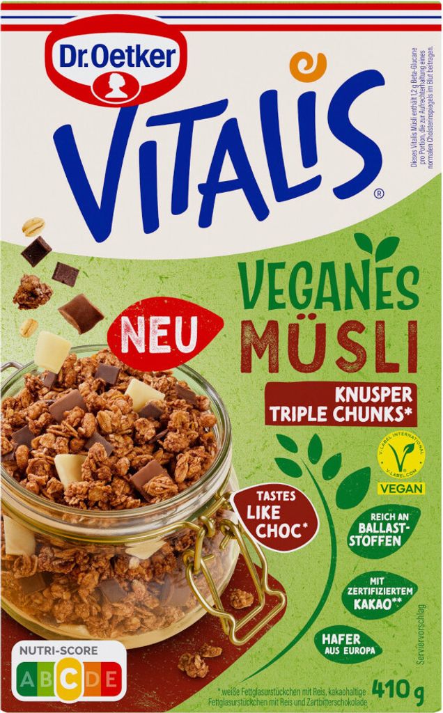Dr. Oetker Vitalis Vegan Knusper Müsli Triple Chunks Packung 410g