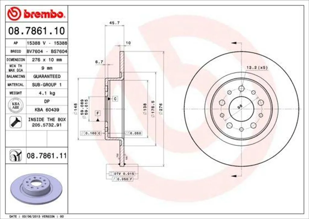 Brembo 08.7861.11 Disque de Frein Arrière OE 46469908 pour Alfa Romeo