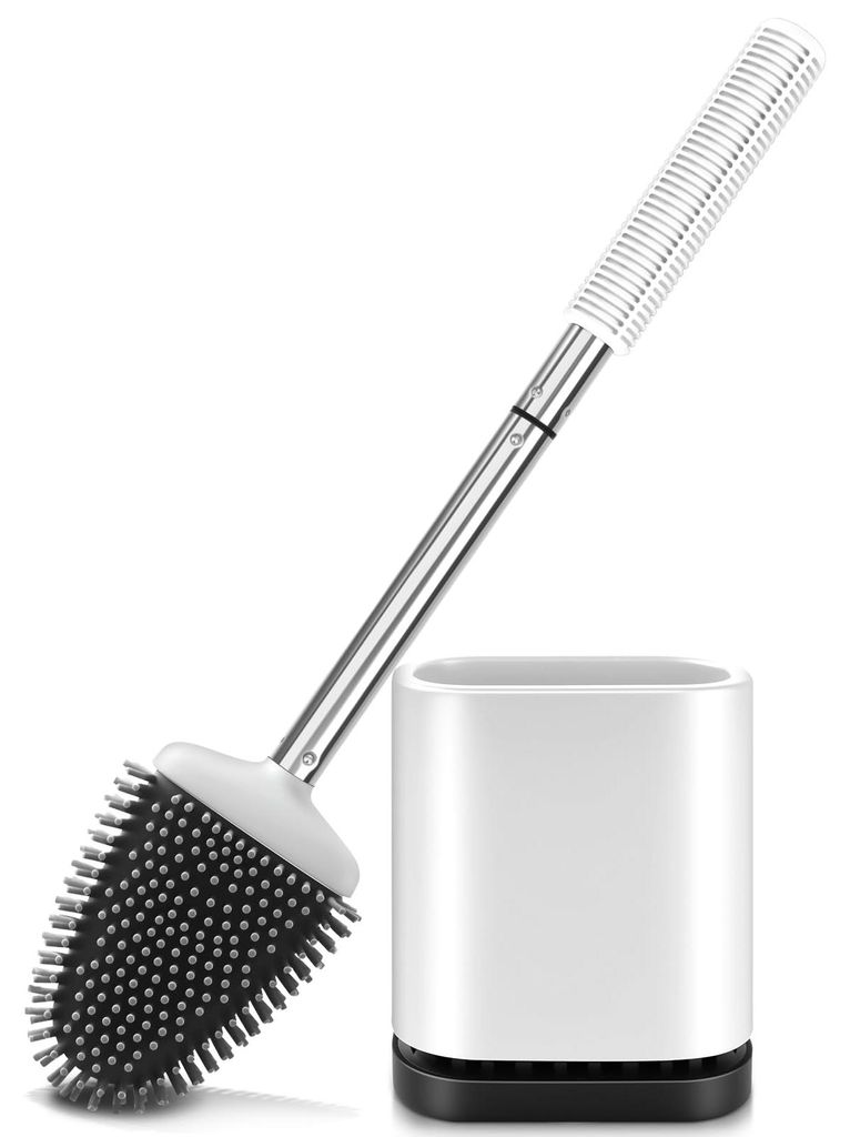 Flache Toilettenbürste mit Halterung, Toilettensitzhalter aus Edelstahl und Silikon mit Wandbefestigung für Badezimmer und Gäste-WC (weiß)