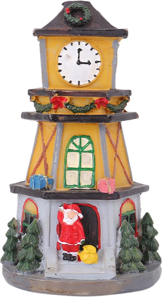 Weihnachtsdorf-Hausfigur, LED-Beleuchtung, Uhrturm, Ornament, Harz, Tischdekoration für den Urlaub, Winter, Heimdekoration