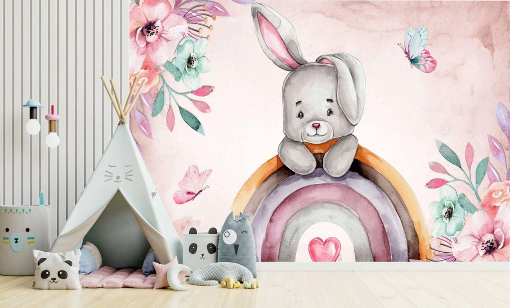 DECO WALLS Fototapete Kinderzimmer Hase und Regenbogen - Außergewöhnliche Haltbarkeit XXL 148x220 cm
