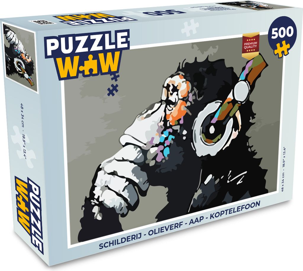 MuchoWow Puzzle 500 Teile Gemälde - Ölgemälde - Affe - Kopfhörer - 500 Teile - Kinder - Selberbauen - Puzzlespiele