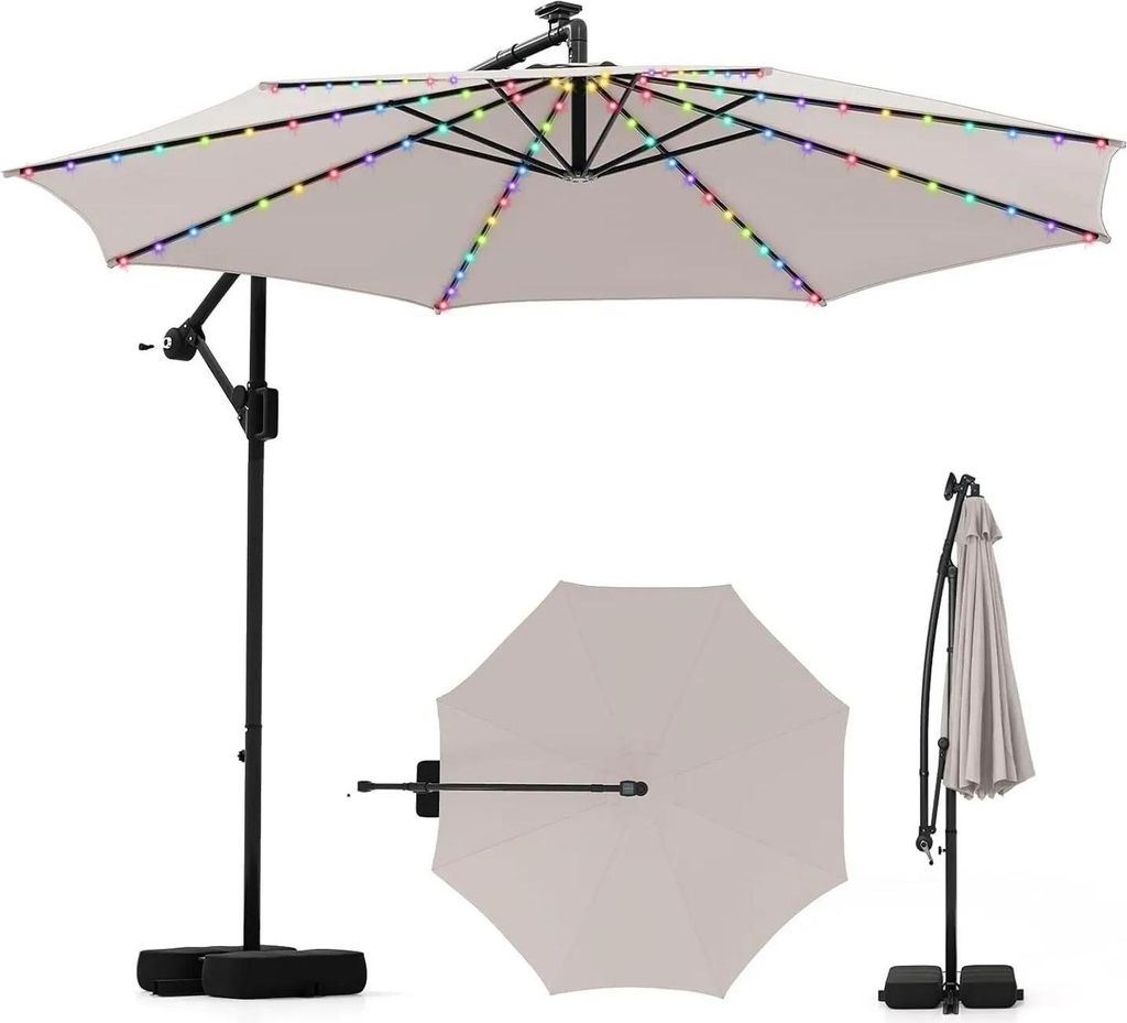 Sonnenschirm - Ampelschirm - Mit Standfuß - LED-Beleuchtung - Neigungsverstellbar - Für Garten & Terrasse - Hellgelb