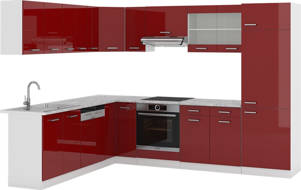 Eckküche Vicco R-Line Rot Hochglanz/Weiß 287 x 60 cm , AP Marmor, Model 30525
