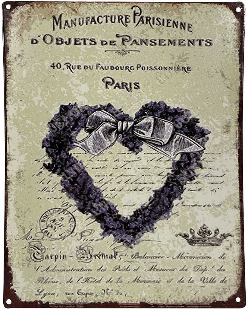 Blechschild Paris Lavendel Herz Dekoschild Dekoschild Vintage-Stil 20x25cm