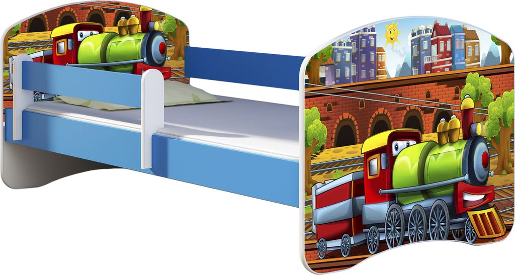 ACMA Jugendbett Kinderbett Junior-Bett Komplett-Set mit Matratze Lattenrost und Rausfallschutz Blau 44 Lokomotive 140x70