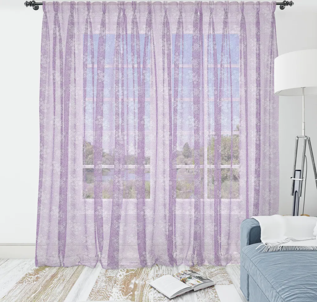 ABAKUHAUS Arazzo floreale, tonalità pastello lilla, motivi floreali e linee ornamentali Zentangle, tessuto satinato setoso per soggiorno e camera da letto, 240 cm x 274 cm, malva, lilla e viola - 1