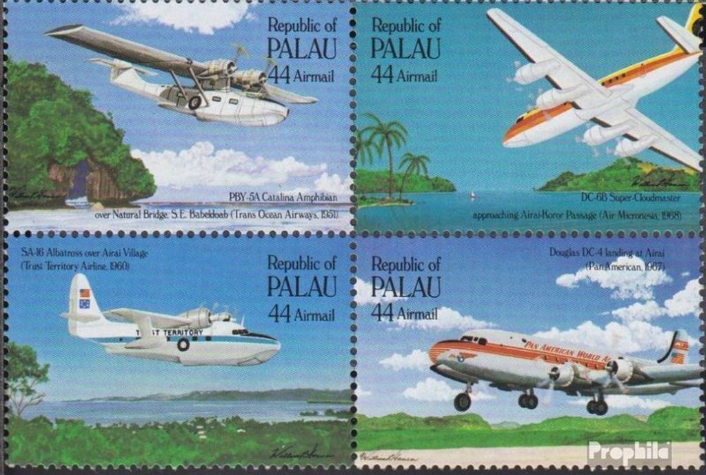 Briefmarken Palau-Inseln 1985 Mi 92-95 Viererblock (kompl.Ausg.) postfrisch Flugpost über den Pazifik