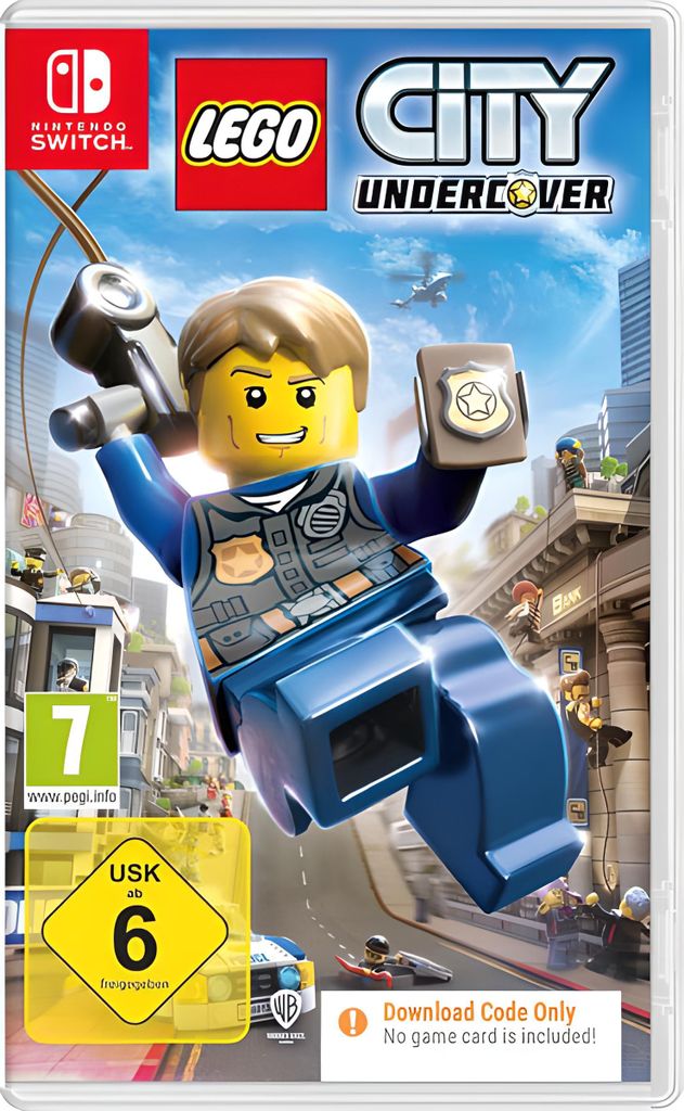 The image shows the front cover of the LEGO CITY Undercover video game for Nintendo Switch. A LEGO minifigure police officer is depicted in the foreground, in a dynamic pose, with a city skyline in the background. There are also age rating symbols and a 'D