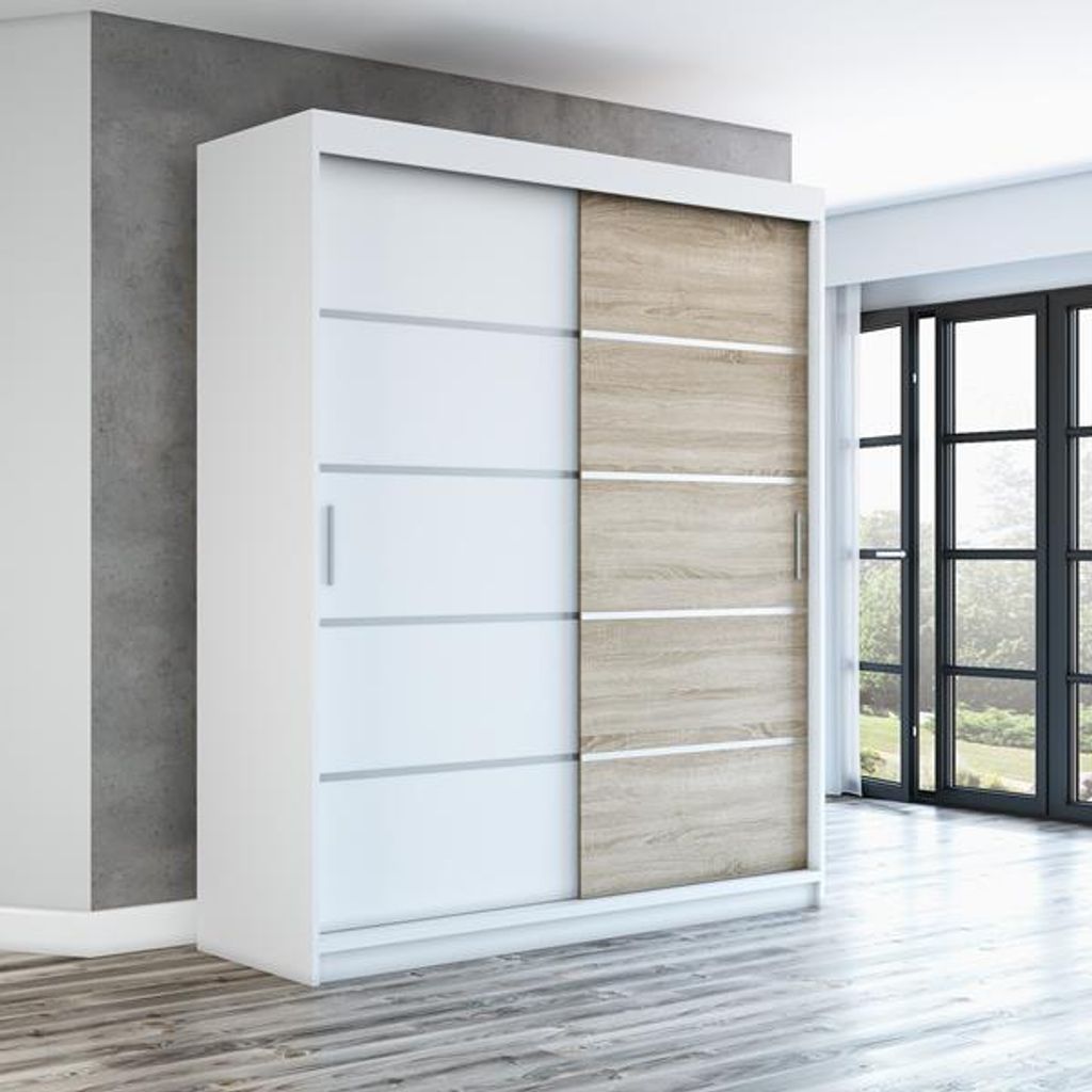 Schwebetürenschrank, 2-türig Schrank! Moderne Garderobe für Kleidung. Verschiedene Farben (Weiß, Schwarz, Somona) Kleiderschrank PARIS 180 cm