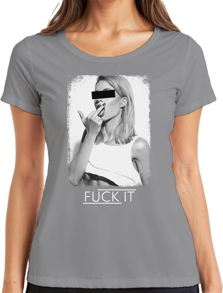 F*ck It Slogan Mittelfinger frech provokativ Statement Sarkasmus Damen T-Shirt, Grau, L