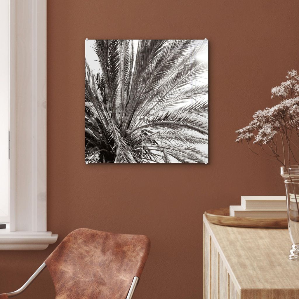 MuchoWow Glasbilder - Bilder auf Wandbild - Foto auf Glas Palme - Tropisch - Schwarz - Weiß 50x50 cm Wanddekoration aus Glas - Acrylglasbild - Acr...
