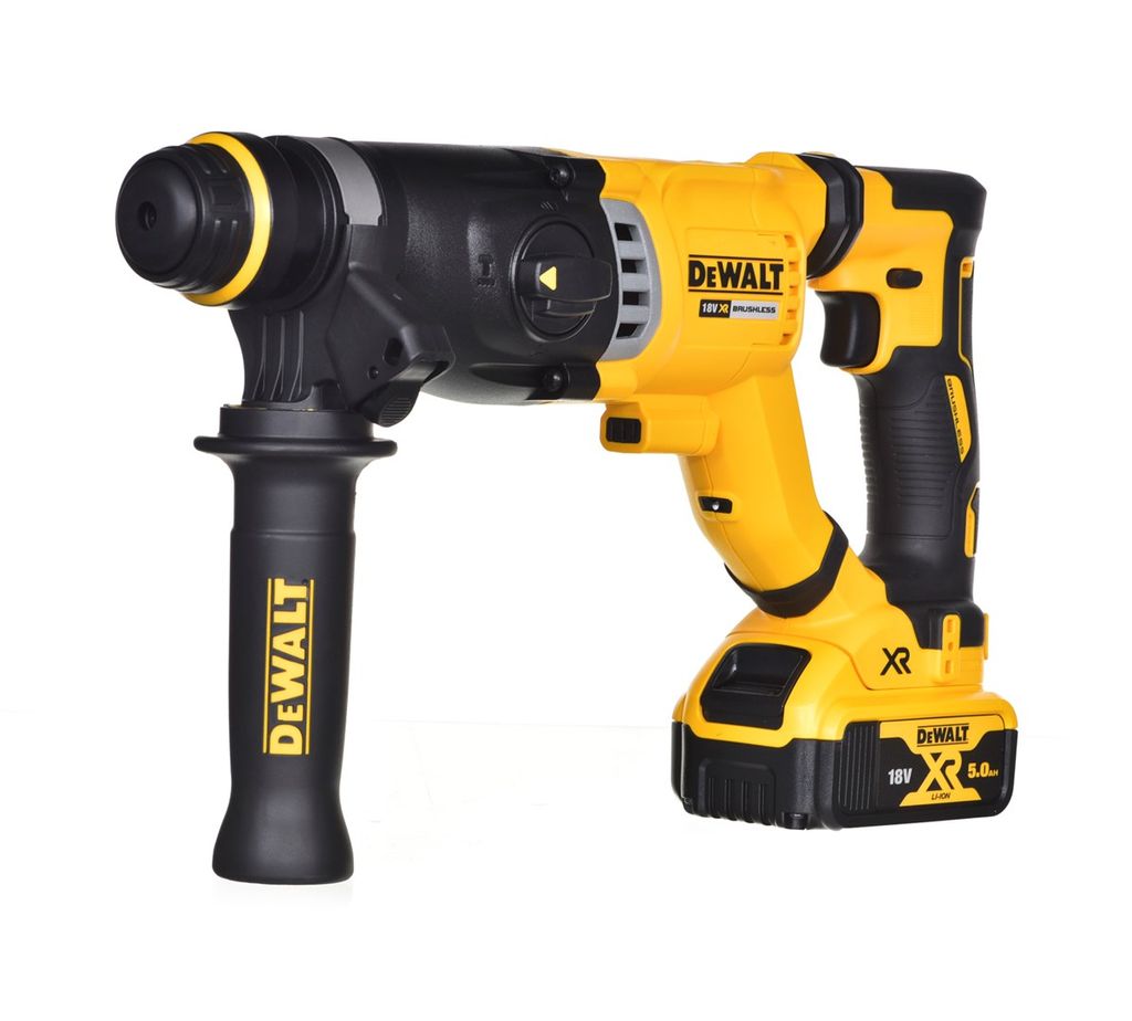 A yellow and black DeWalt rotary hammer drill is shown against a white background.