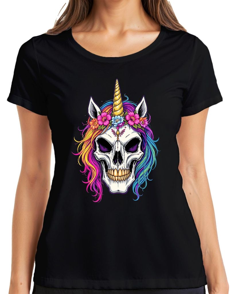 Einhorn Totenkopf bunte Mähne Blumenkranz Horn Gothic Halloween Damen T-Shirt, Schwarz, XL