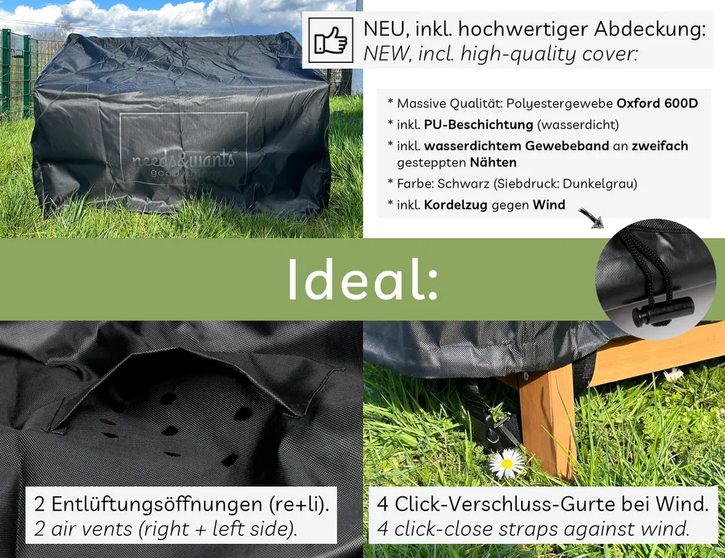 needs&wants® Panca da giardino in legno resistente alle intemperie con vano portaoggetti e copertura, panca a 2 posti in legno panca classica, panca da parco panca da giardino solida da esterno con cassapanca, 115x58x85 cm, in legno naturale massiccio, marrone scuro - 3