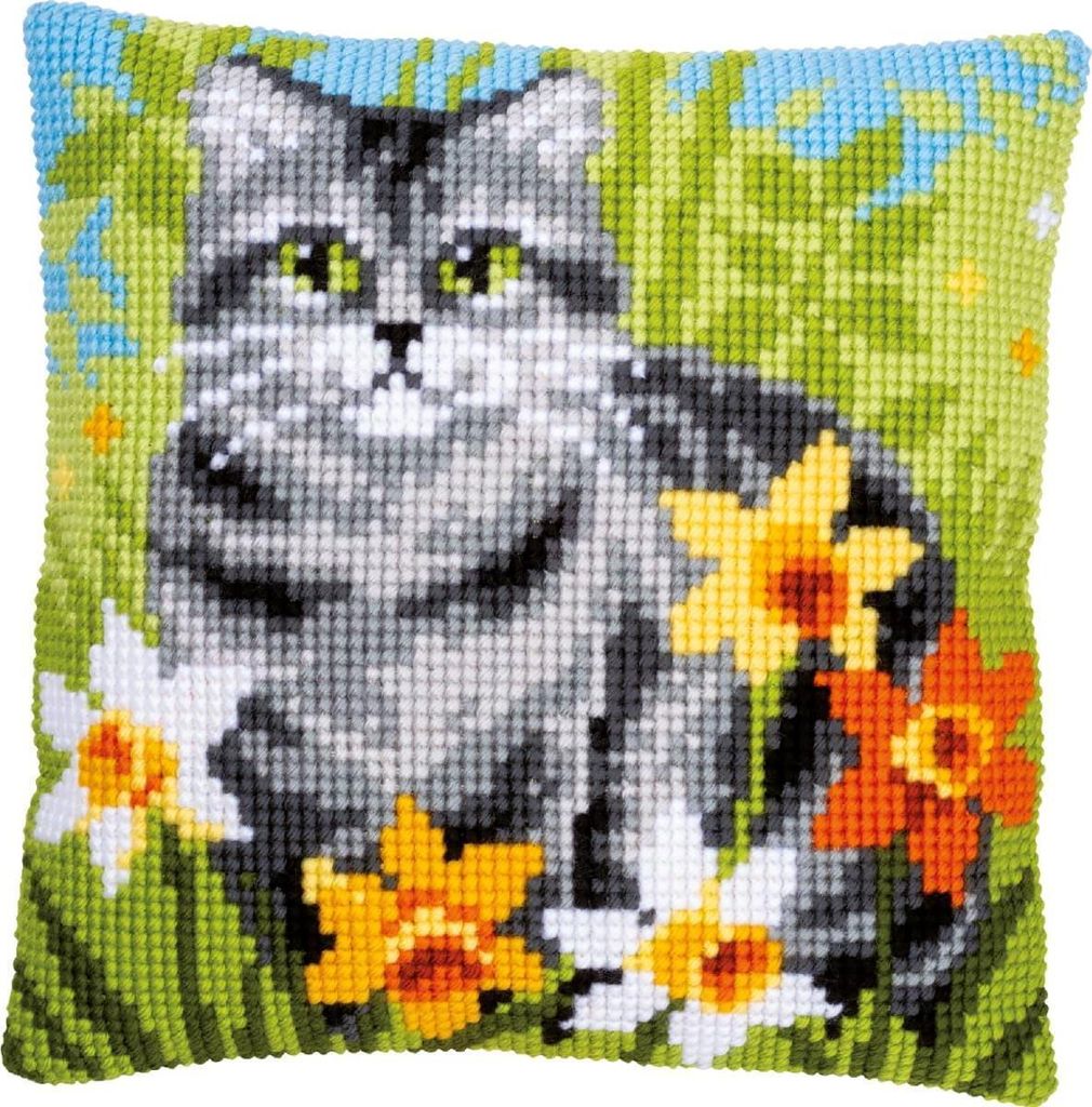 Vervaco Kreuzstichkissen "Katze zwischen Blumen", Stickbild vorgezeichnet, 40x40cm