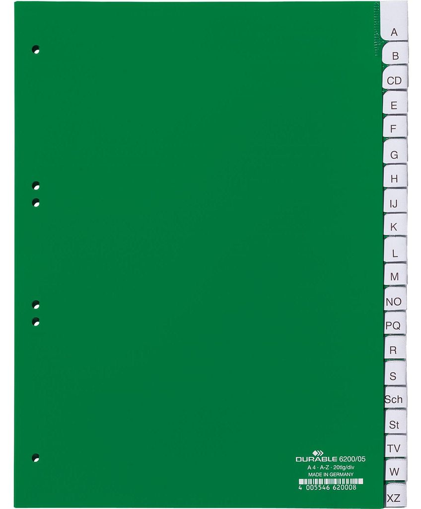 DURABLE Register A4 20-tlg. A-Z, mit Deckblatt, 620005 grün Produktbild 