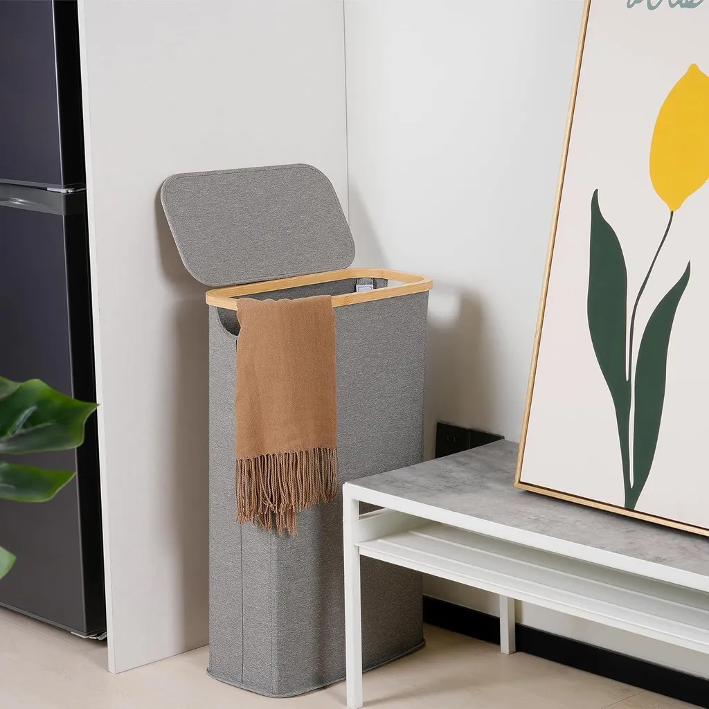 Corbeille à linge fine 63 litres grise et pliable, style scandinave