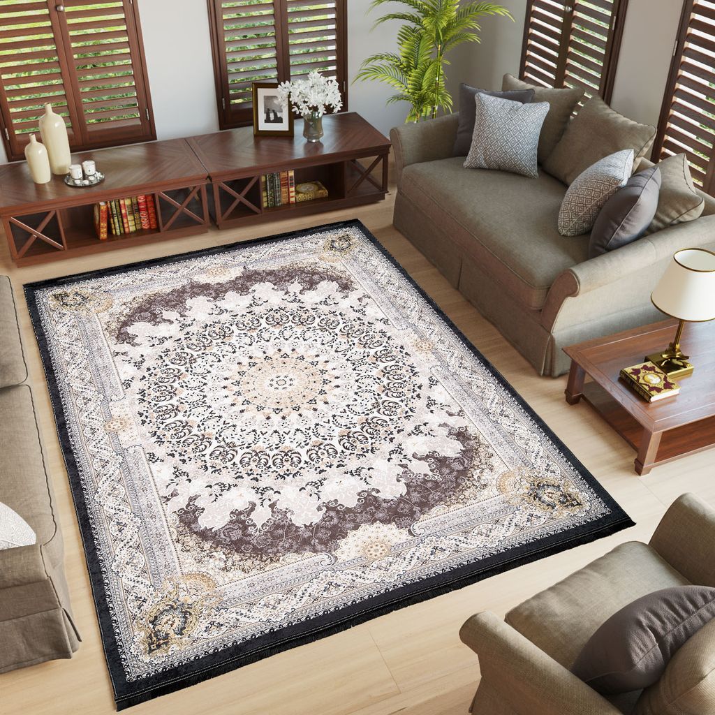 Teppich Fransen Wohnzimmer Schlafzimmer Kurzflor Modern Design Schwarz Braun Beige 200 x 300 cm