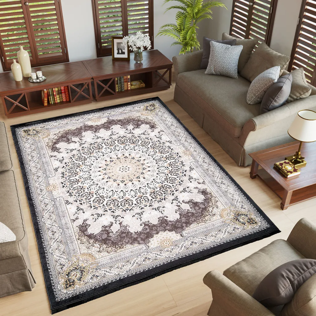 Tapis de salon moderne à franges 120x170 cm - Design Poils Courts Noir