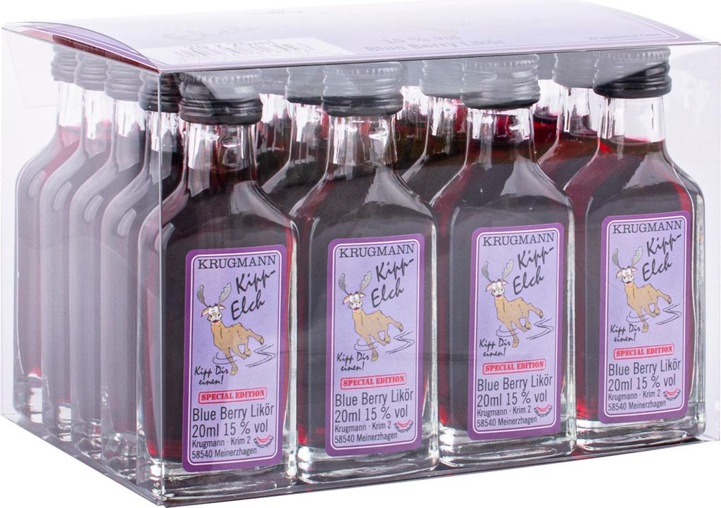 Krugmann 20 x Kipp-Elch Blueberry Likör 15 % Vol. Fun-Shot Produktbild 