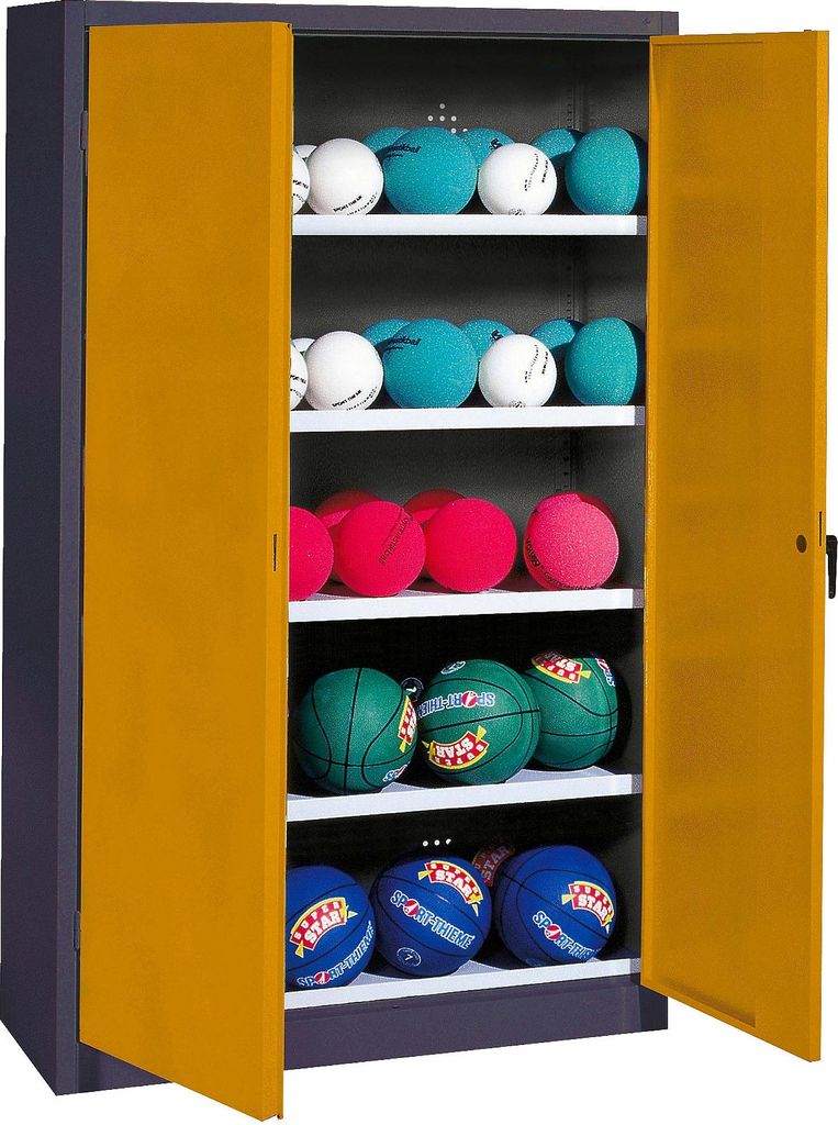 C+P Ballschrank mit Vollblech-Flügeltüren (Typ 3), HxBxT 195x150x50 cm, Ergo-Lock Muldengriff, Goldgelb (RAL 1004), Anthrazit (RAL 7021), Gleichs...