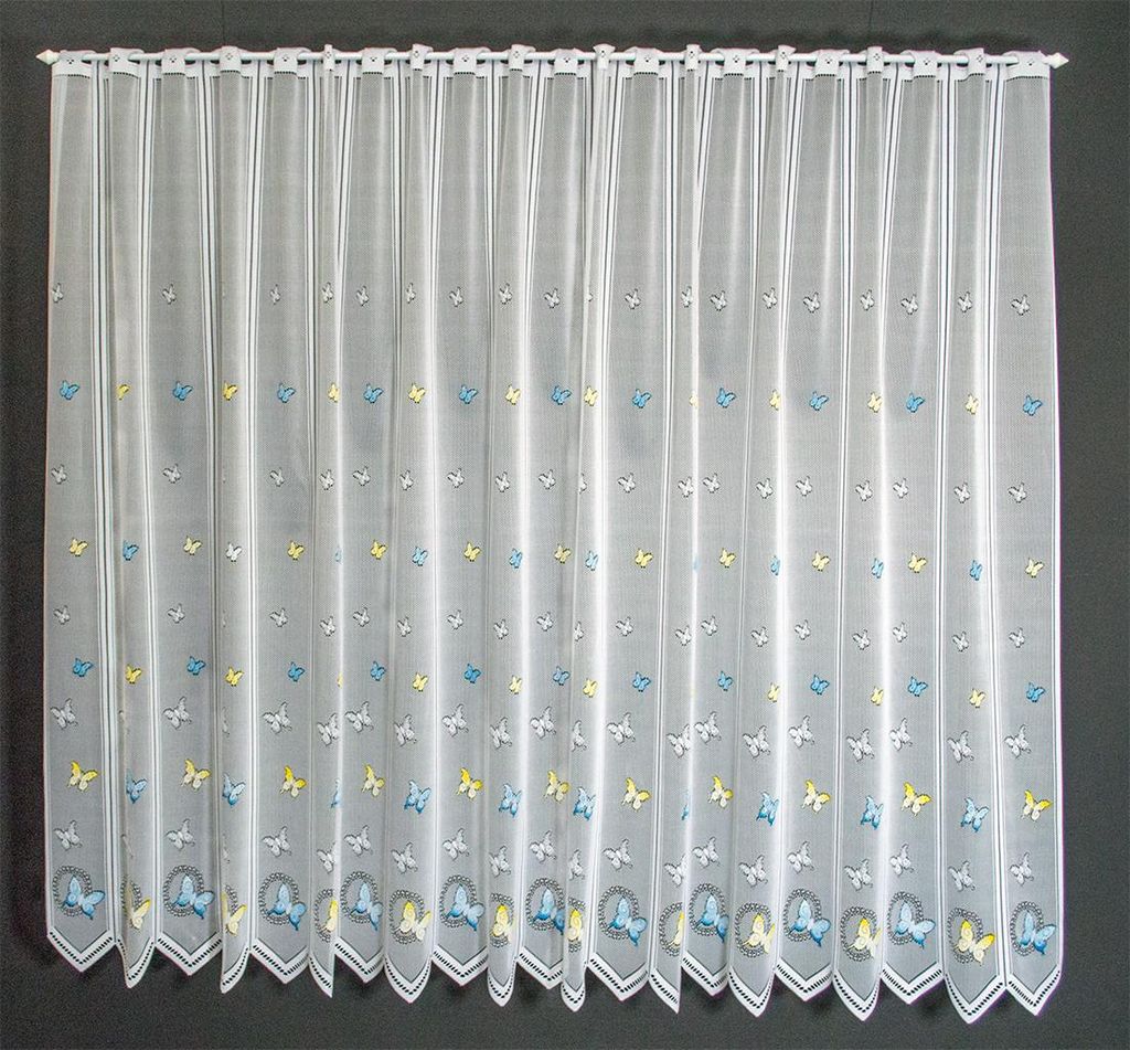Gardinen Kranzusch Scheibengardine Schmetterlinge 150x1080 cm H/B weiß mit blau/gelb Bistrogardine Vorhang Küche 1er Pack