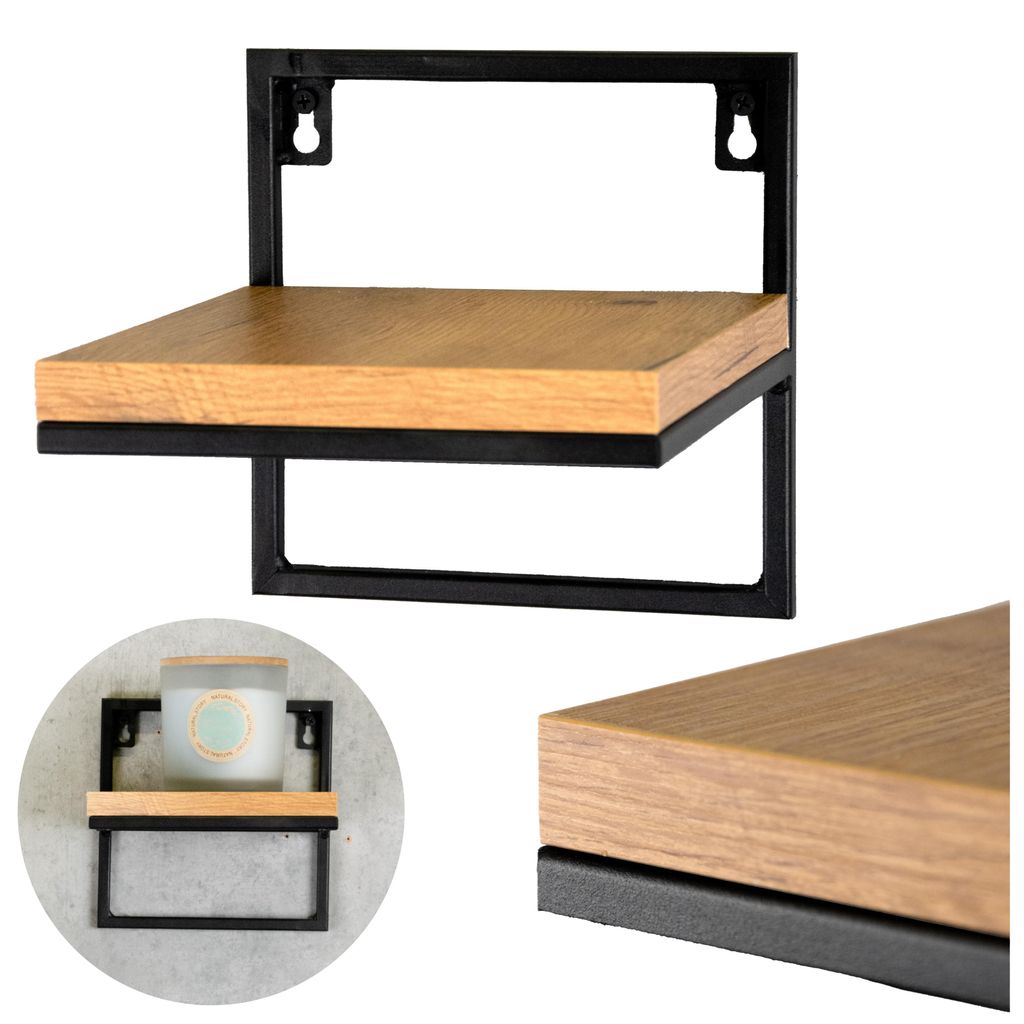 Wandregal Metall - Wand-Blumenhalter - 19x20x19 cm - Schwarz mit Holz-Optik - Einfache Wandmontage