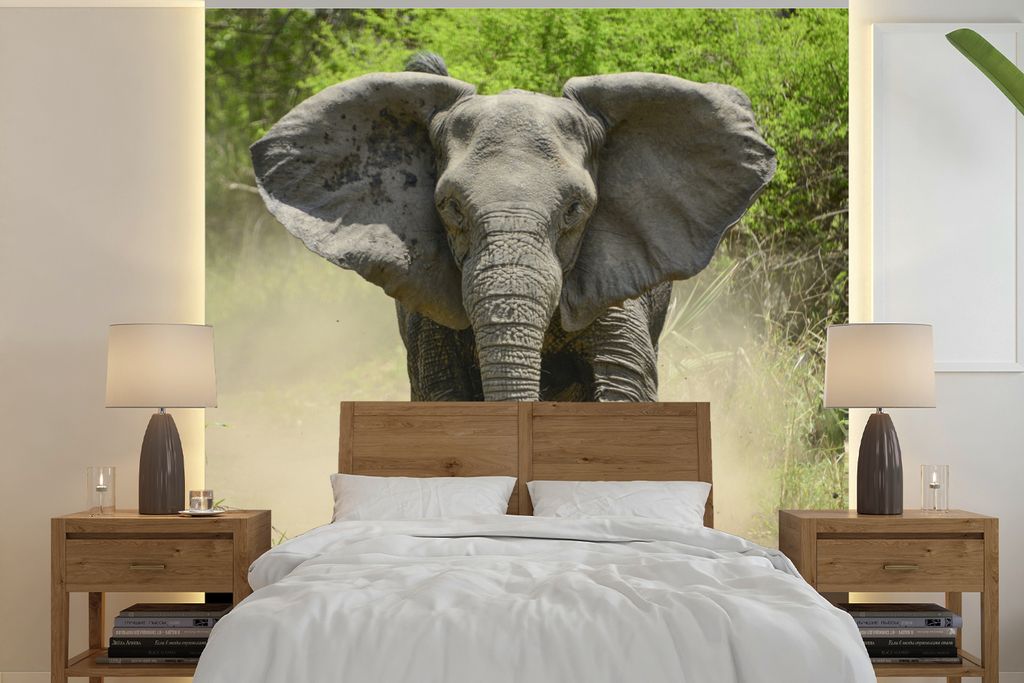 MuchoWow Fototapete für Wohnzimmer oder Schlafzimmer Wandtapete Vinyl Motivtapete Laufender Elefant - 300x300 cm - Wanddekoration