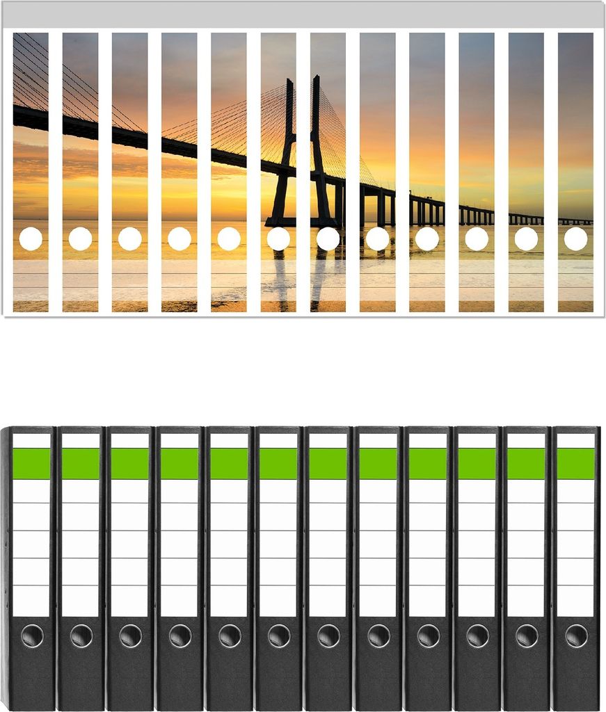Wallario 12 Stück schmale Ordner inkl. Klebeetiketten mit Motive Vasco da Gama Brücke - Set mit Rückenschildern / Ordnerrücken Stickern