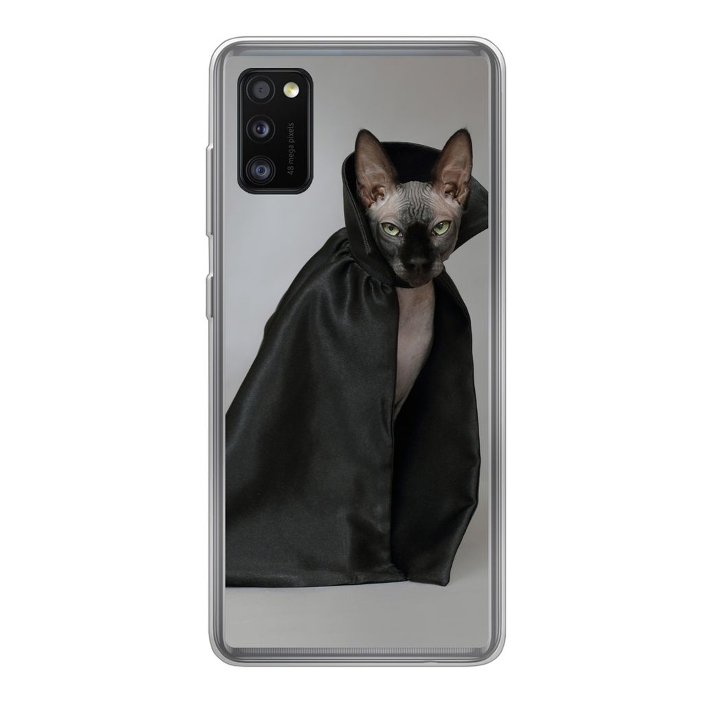 MuchoWow Handyhülle Schutzhülle Hülle für Samsung Galaxy A41 Katze - Umhang - Schwarz Silikon Softcase Handy Hülle - Mobiltelefon