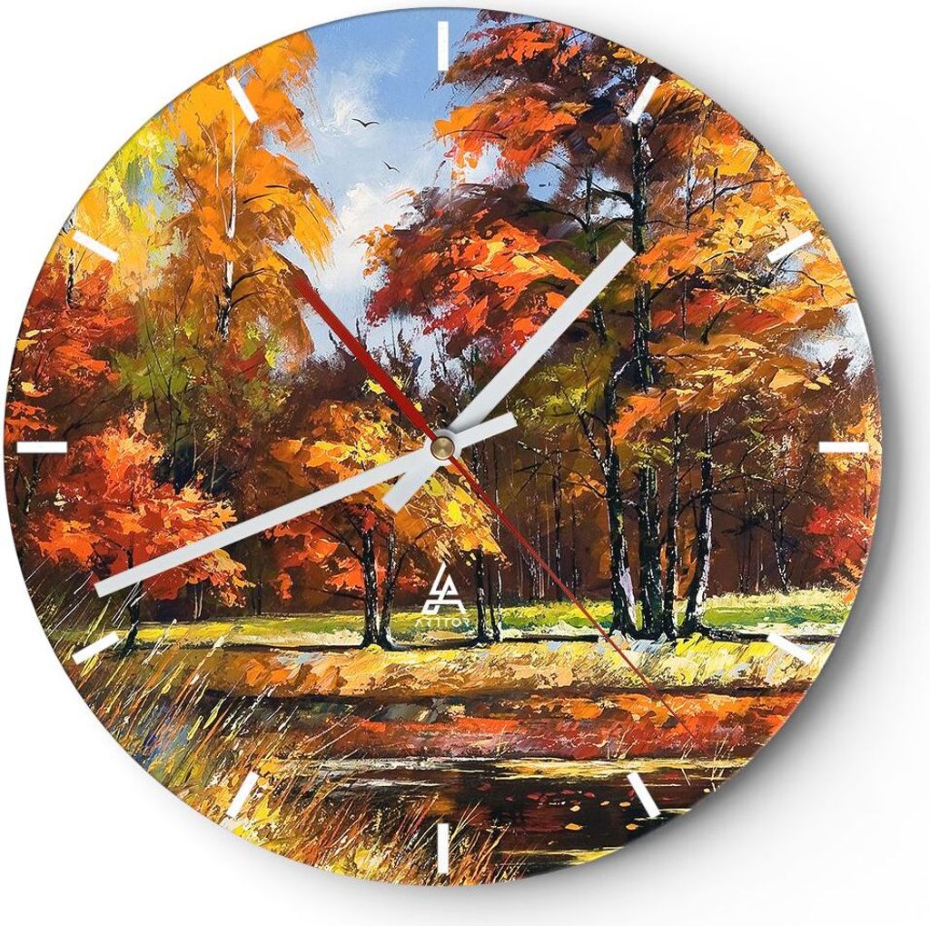 Wanduhr - Rund - Glasuhr - Park Herbst Wasser - 40x40cm - Schleichendes Uhrwerk - Lautlos - zum Aufhängen bereit - Dekoration Modern - Wanddekorat...
