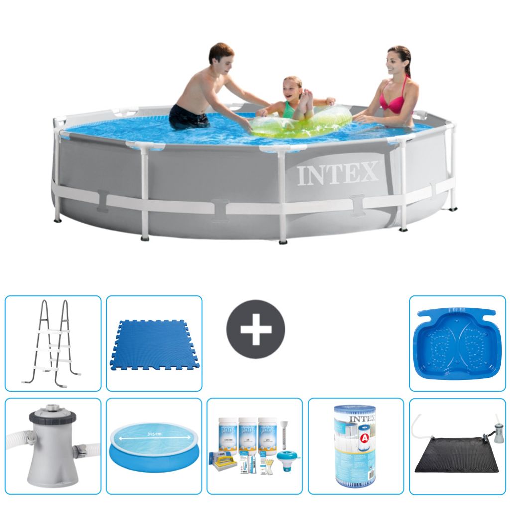 Intex Round Prism Frame Swimming Pool – 305 x 76 cm – Grau – inklusive Pumpe Sonnensegel - Wartungspaket - Filter - Solarmatte - Leiter - Fu...