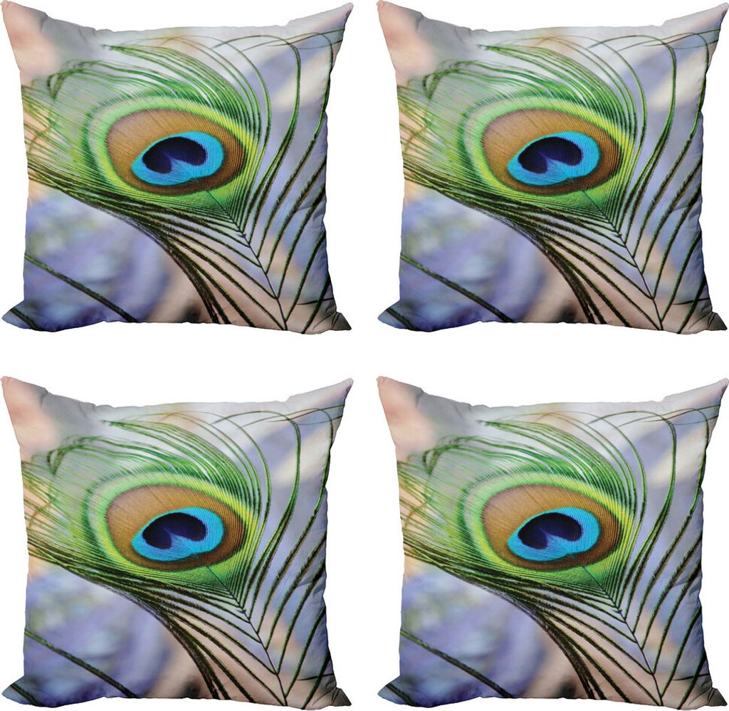 ABAKUHAUS Pfau Kissenbezug Set (4 Stück), Bäume Vögel und Feder, Moderner Doppelseitiger Digitaldruck, 40 cm x 40 cm, Mehrfarbig